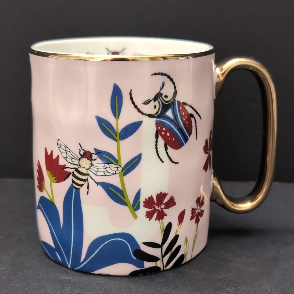 SH Home Monogramed J Pink/Gold Coffee Mug with Bugs And Florals .
